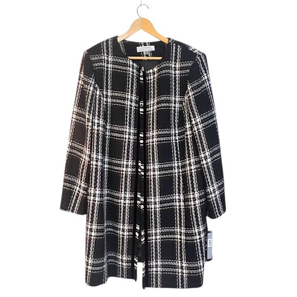 NWT Tahari Arthur S. Levine Open Front Tweed Fringe Long Jacket Coat Size 16W - Picture 1 of 9